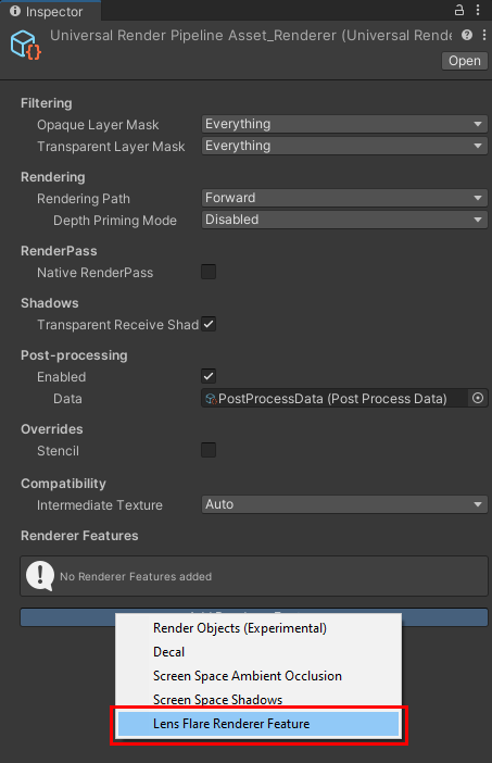 Add the Lens Flare Renderer Feature to the Universal Renderer.