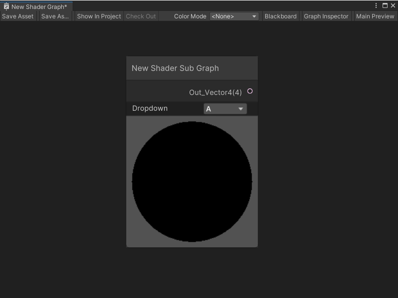 An image of the Graph window, that displays a parent Shader Graph with a Subgraph node. The Subgraph node has a dropdown menu because the Subgraph has a Dropdown property and contains a Dropdown node.