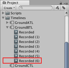 The new &quot;Recorded (6)&quot; recorded clip appears in the Project window after you save the Scene or Project