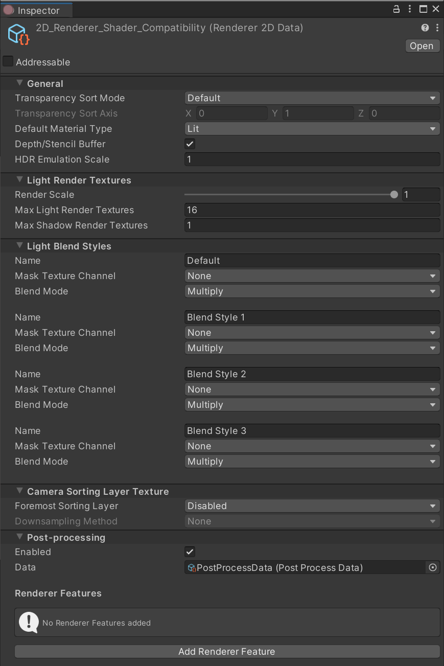 The 2D Renderer Data Asset property settings